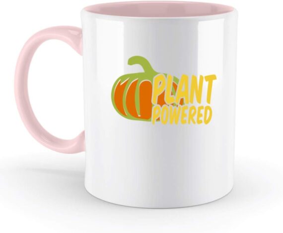 SPIRITSHIRTSHOP Plant Powered - Taza bicolor (base plana, veganos, vegetarianos, verduras, frutas, alimentación vegetal), Cerámica, Polvo rosa, 33 0ml