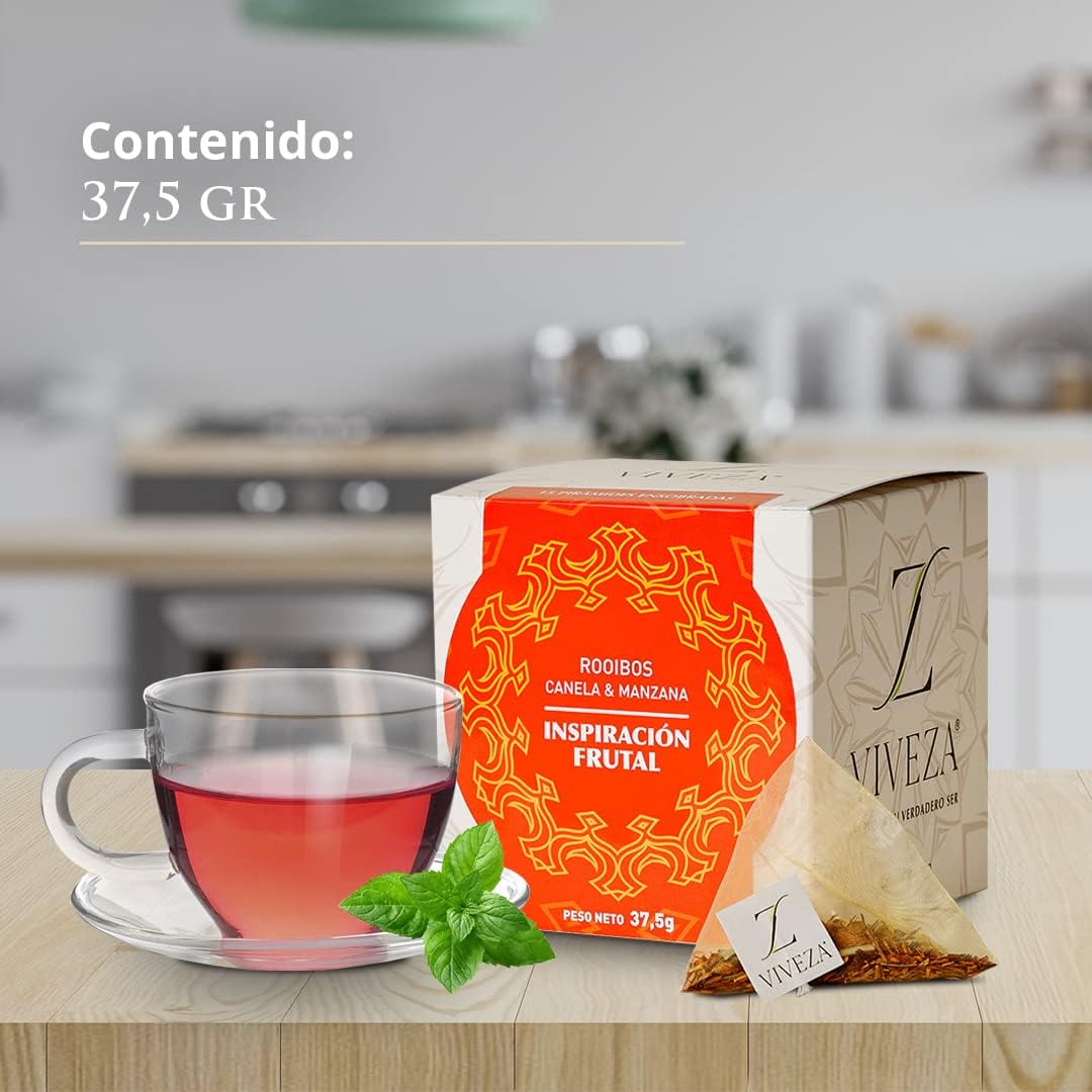 Viveza - Inspiración Frutal Infusión Rooibos con Canela y Manzana - Gran Alternativa al Té o al Café - Sin Teína - Caja por 15 Pirámides Ensobradas - 37,5 gr