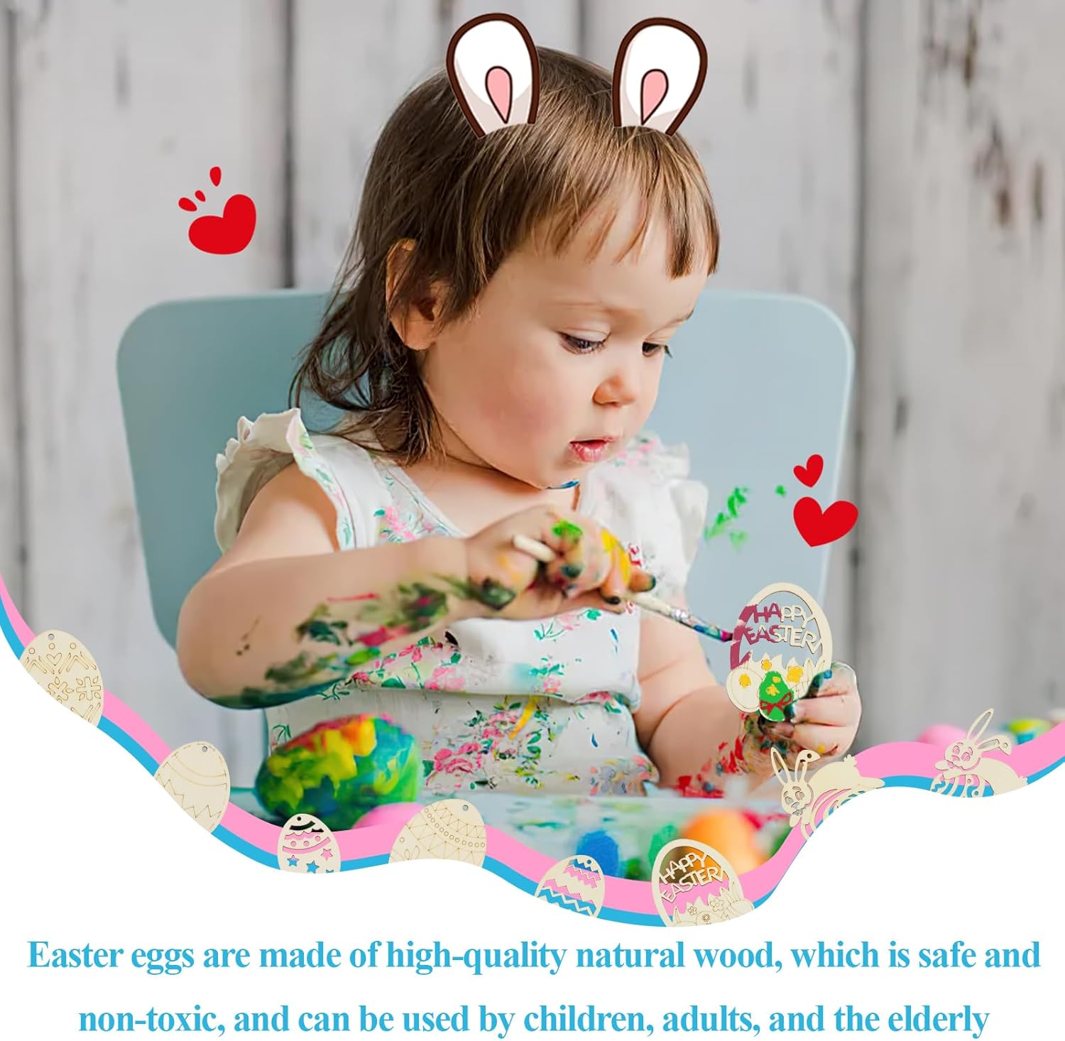 Darryy Huevos Pascua Madera, 24 Piezas de Huevos de Pascua de Madera con 12 Lápices de Acuarela y 24 Cordeles, Huevos Pascua para Pintar, Huevo Sorpresa, Manualidades Pascua
