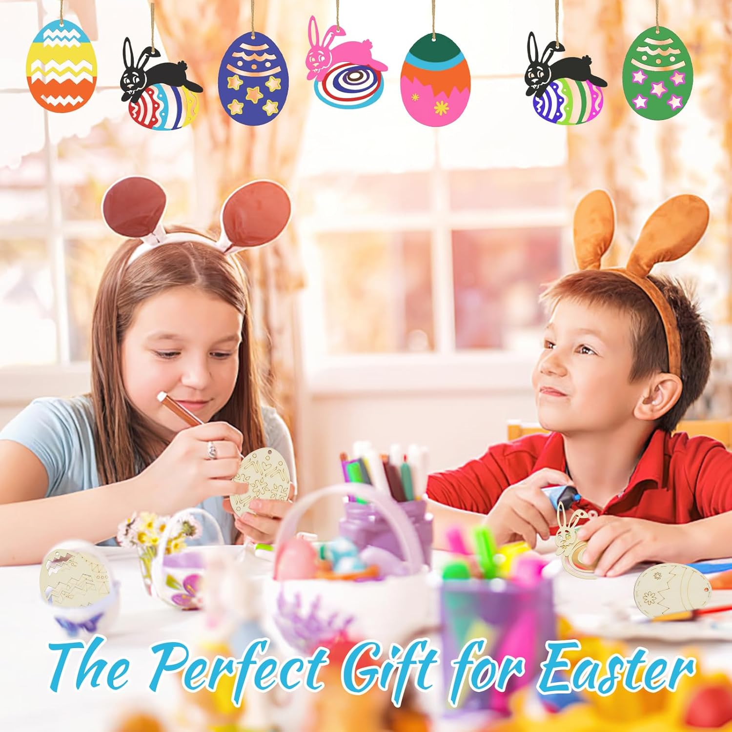 Darryy Huevos Pascua Madera, 24 Piezas de Huevos de Pascua de Madera con 12 Lápices de Acuarela y 24 Cordeles, Huevos Pascua para Pintar, Huevo Sorpresa, Manualidades Pascua