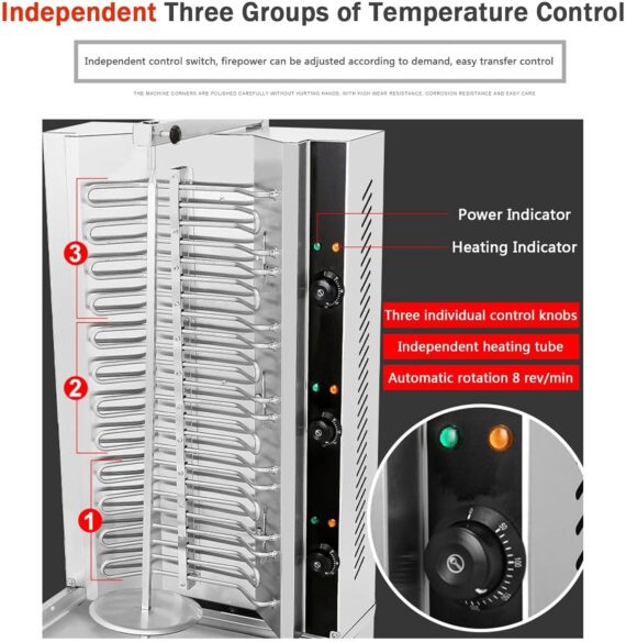 HLGKBY Máquina automática de Kebab, asador Vertical doméstico eléctrico con rotación de 360 ​​​​° de acero Inoxidable con Tubos de Calentamiento eficientes, para shawarma, asador de Pollo, Carne