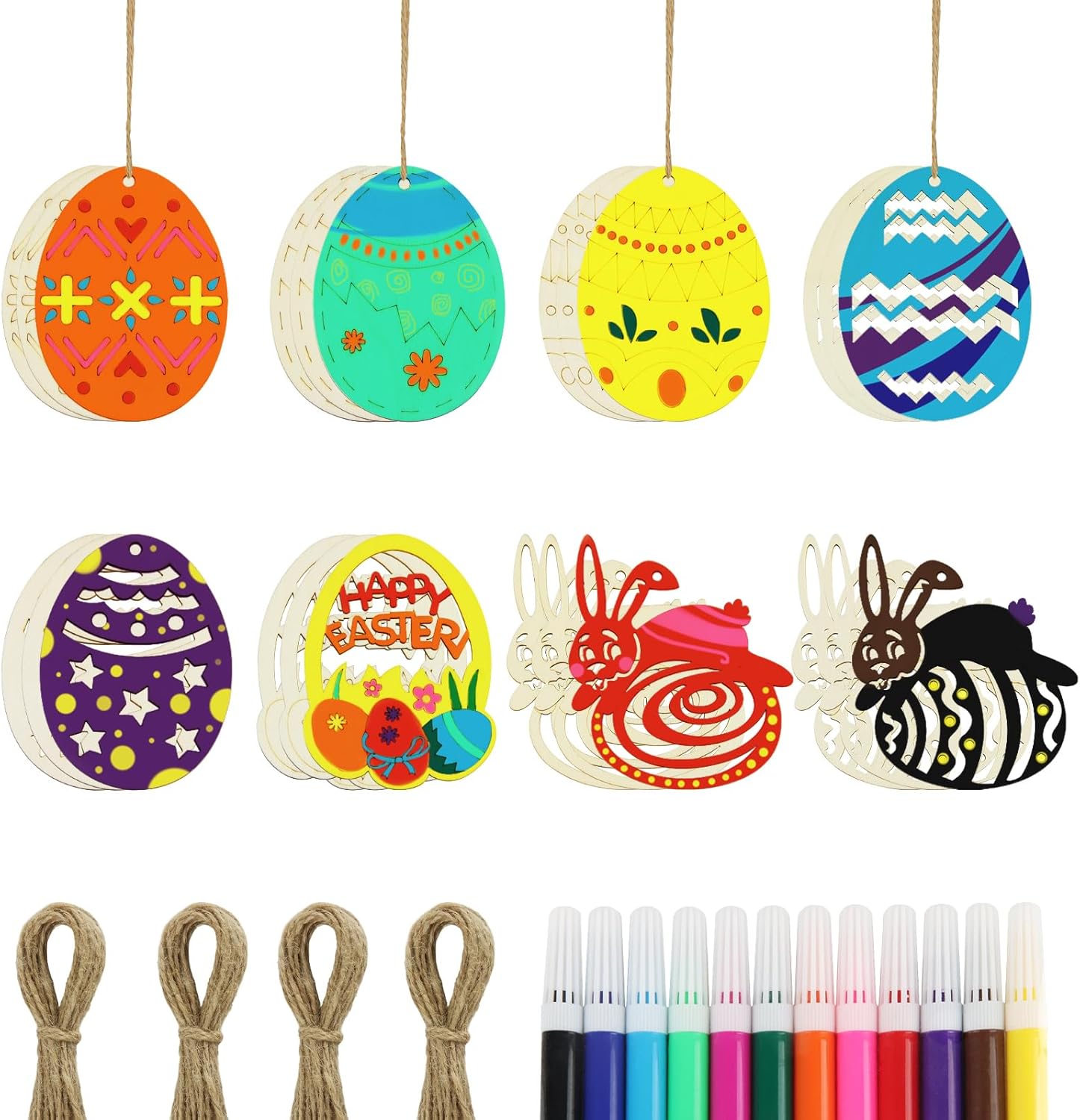 Darryy Huevos Pascua Madera, 24 Piezas de Huevos de Pascua de Madera con 12 Lápices de Acuarela y 24 Cordeles, Huevos Pascua para Pintar, Huevo Sorpresa, Manualidades Pascua