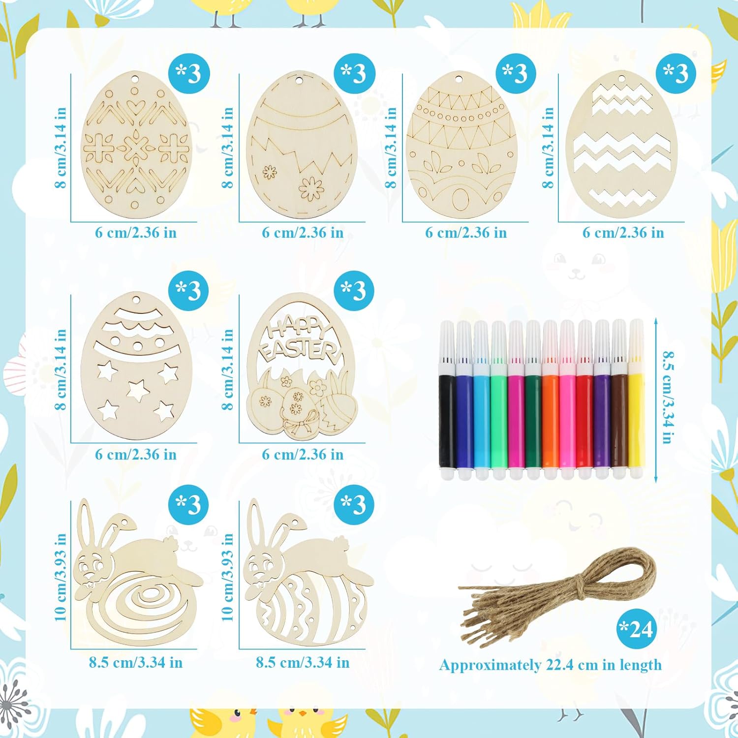 Darryy Huevos Pascua Madera, 24 Piezas de Huevos de Pascua de Madera con 12 Lápices de Acuarela y 24 Cordeles, Huevos Pascua para Pintar, Huevo Sorpresa, Manualidades Pascua