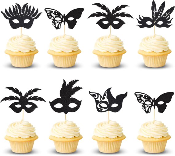 Arthsdite 24 máscaras de mascarada, decoración de cupcakes, máscara de despedida de soltera, cupcakes, alimentos, palillos de frutas, mascarada, Mardi Gras, fiesta, baby shower, fiesta de cumpleaños,