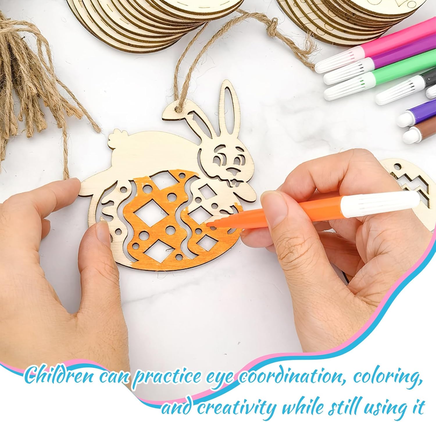 Darryy Huevos Pascua Madera, 24 Piezas de Huevos de Pascua de Madera con 12 Lápices de Acuarela y 24 Cordeles, Huevos Pascua para Pintar, Huevo Sorpresa, Manualidades Pascua