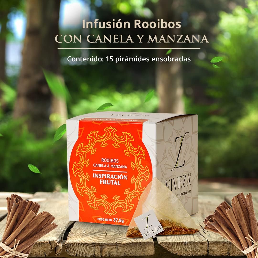 Viveza - Inspiración Frutal Infusión Rooibos con Canela y Manzana - Gran Alternativa al Té o al Café - Sin Teína - Caja por 15 Pirámides Ensobradas - 37,5 gr