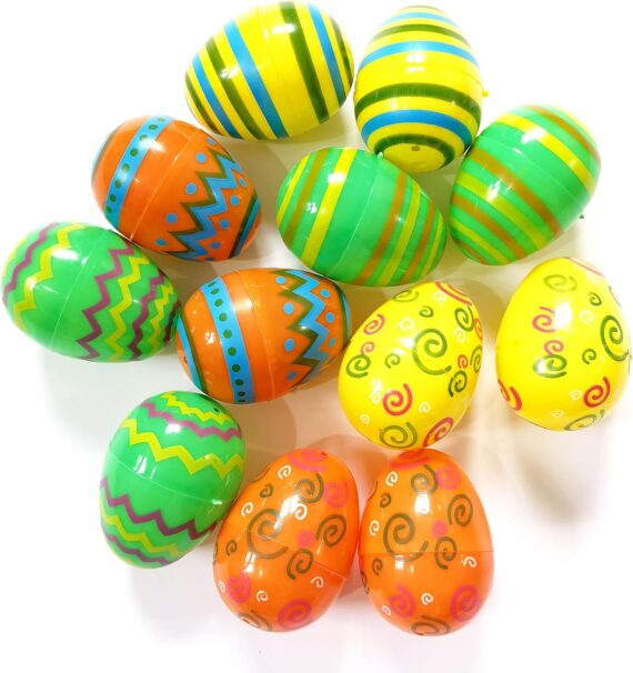RUIYWEN 12 Huevos de Pascua de Colores Pintados Huevos Falsos Huevos Plásticos Vacíos para Rellenar Juguetes Regalos con Sorpresa para Niños (4x6cm, 6 Estilos)