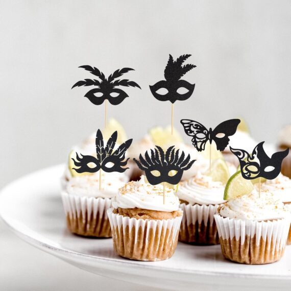 Arthsdite 24 máscaras de mascarada, decoración de cupcakes, máscara de despedida de soltera, cupcakes, alimentos, palillos de frutas, mascarada, Mardi Gras, fiesta, baby shower, fiesta de cumpleaños,