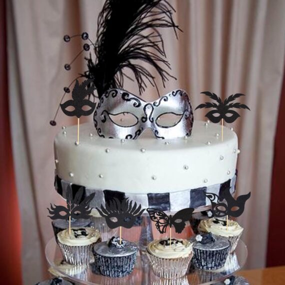 Arthsdite 24 máscaras de mascarada, decoración de cupcakes, máscara de despedida de soltera, cupcakes, alimentos, palillos de frutas, mascarada, Mardi Gras, fiesta, baby shower, fiesta de cumpleaños,